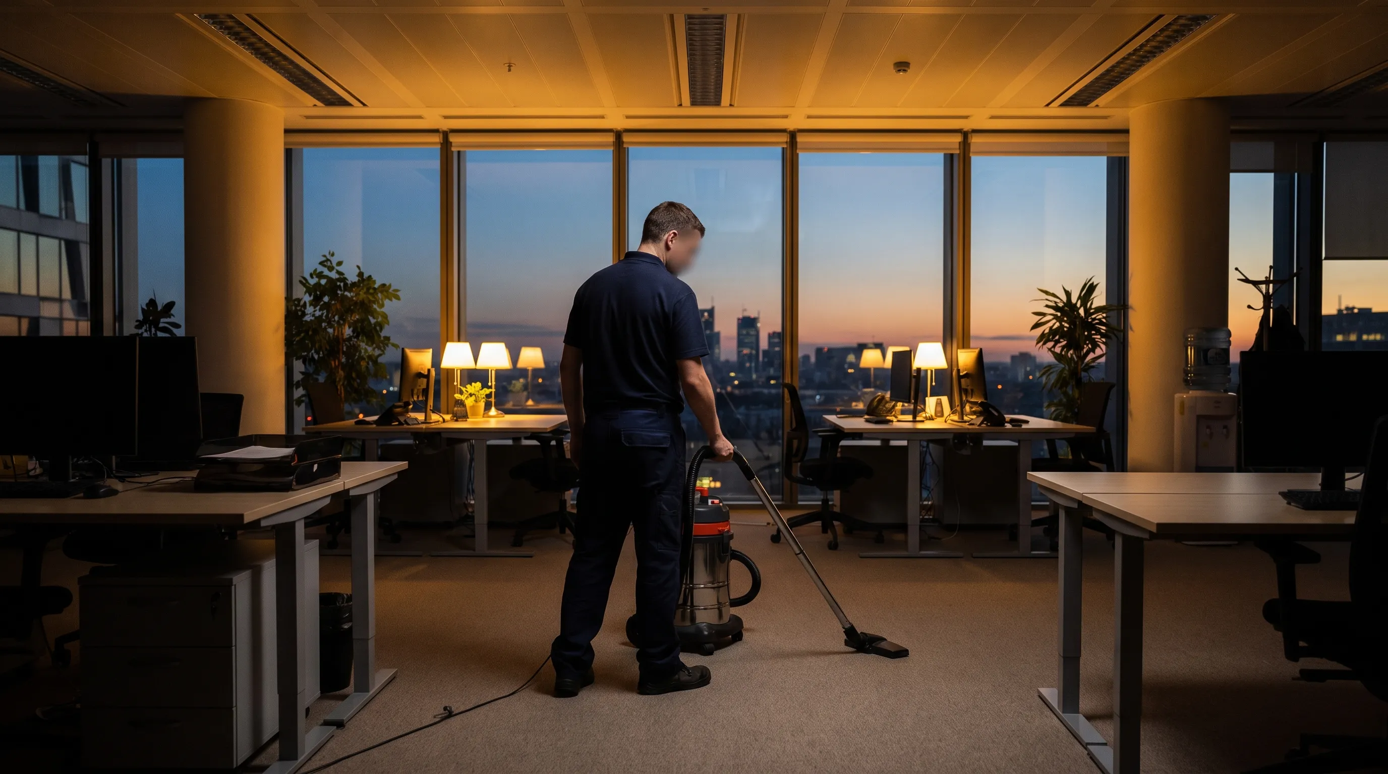 Professional cleaner vacuuming a quiet office after hours in Bournemouth