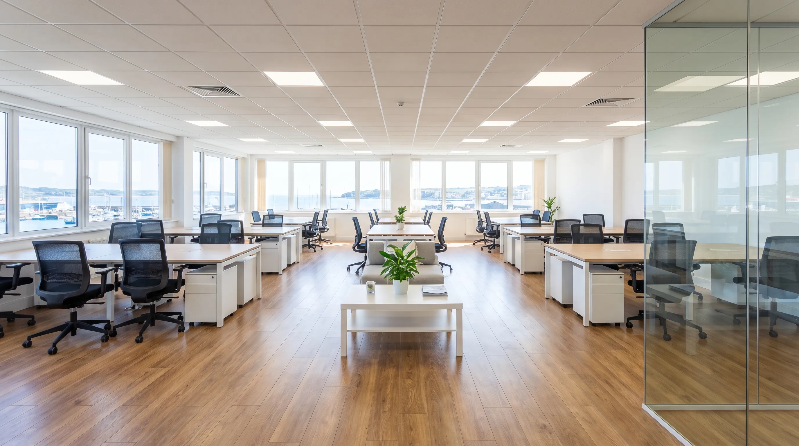 Bright, tidy modern office workspace prepared for professional office cleaning in Bournemouth