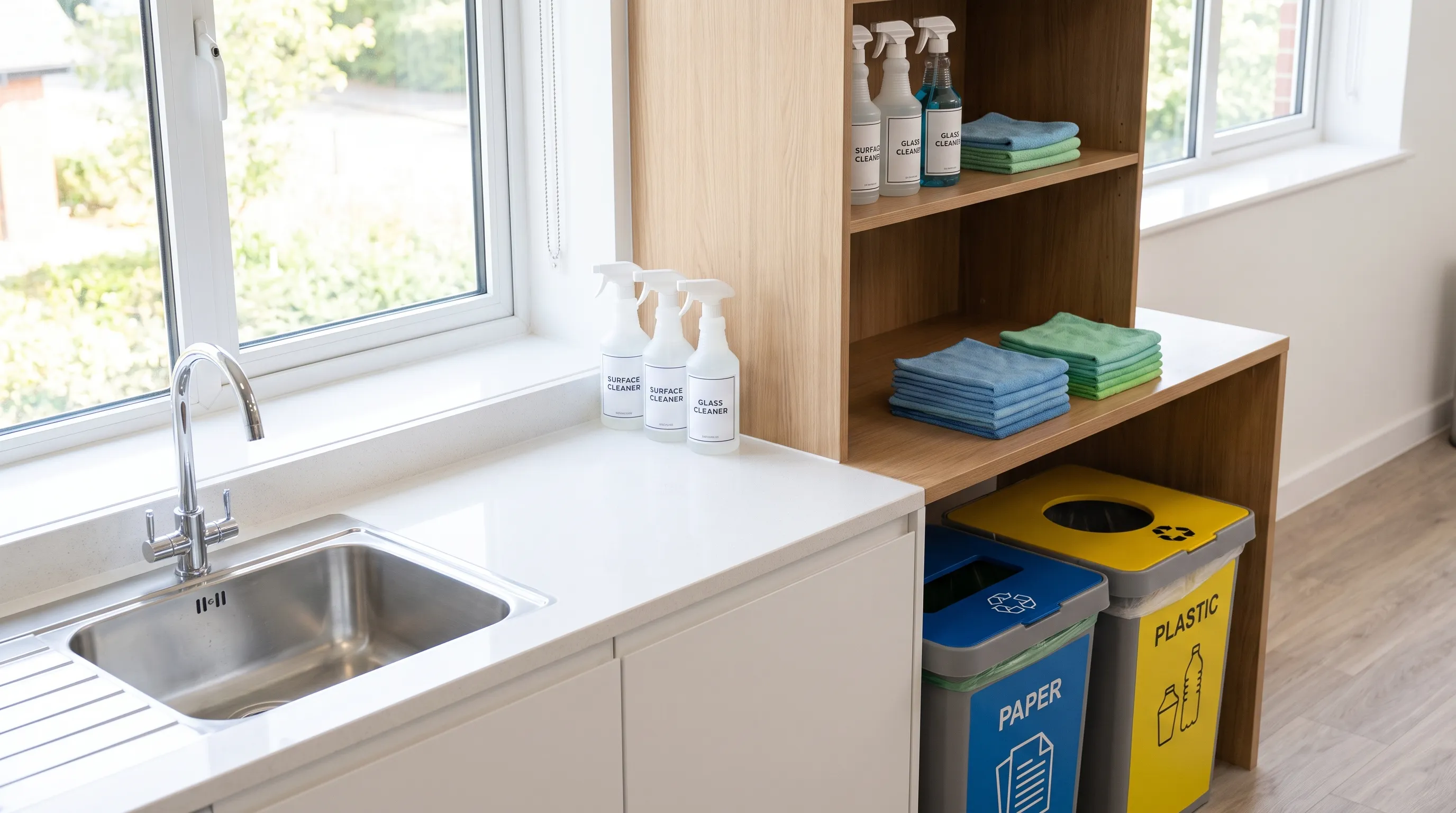 Clean office kitchen and organised cleaning supplies for an office cleaning checklist in Bournemouth
