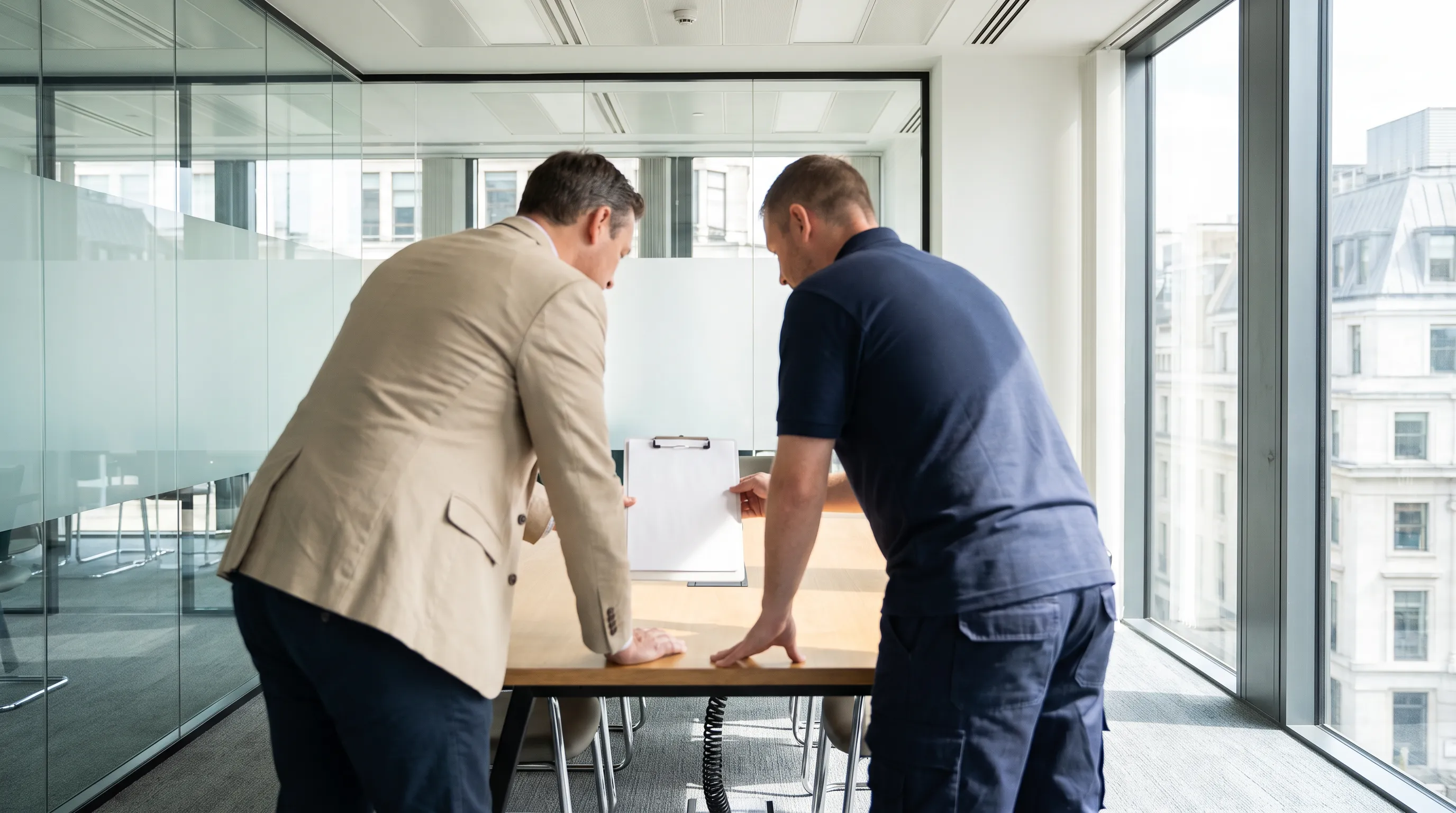 Facilities manager and cleaner reviewing a cleaning plan in a Bournemouth office meeting room