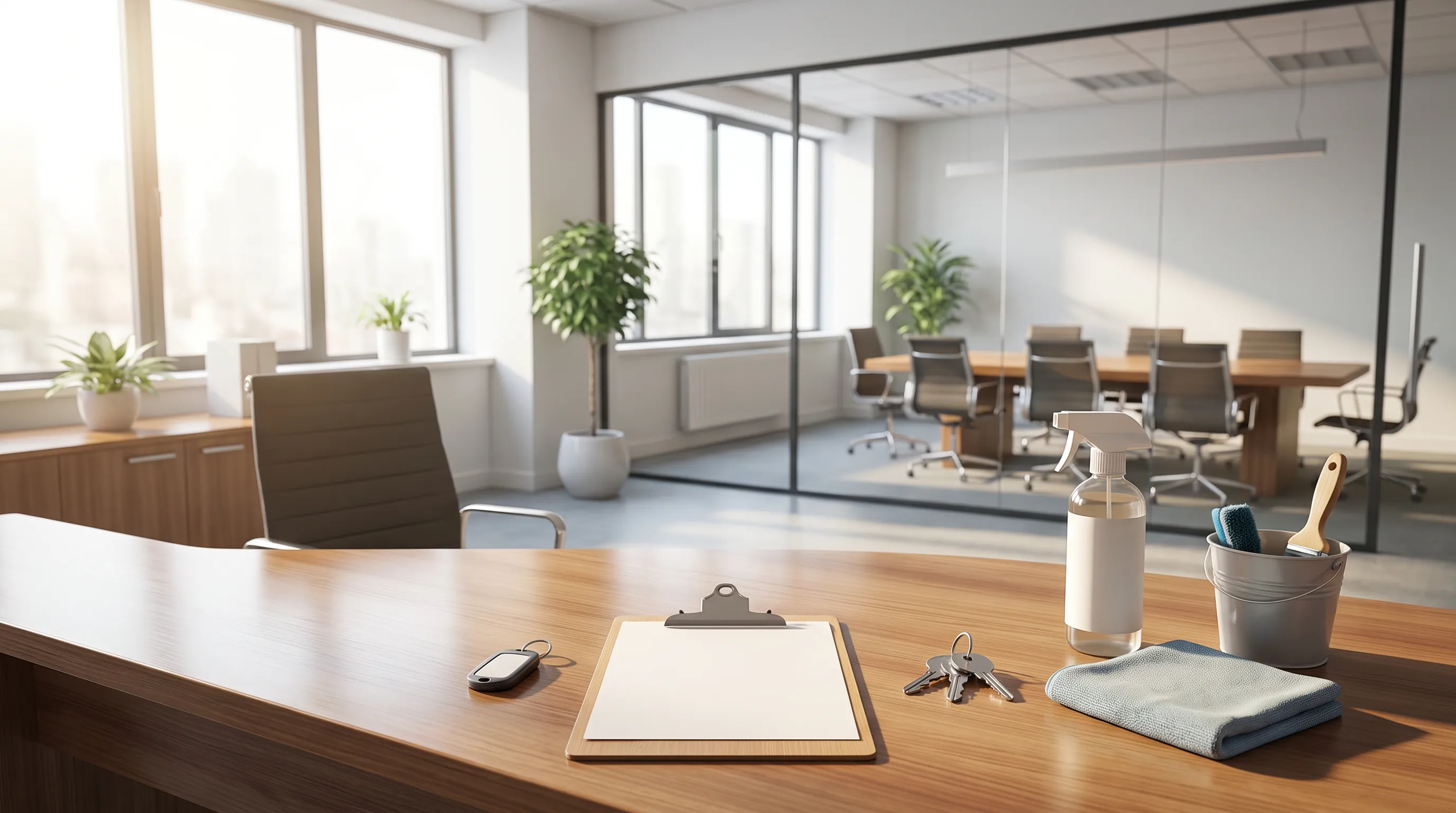 Office reception prepared for a cleaning contractor with access fob, keys and a blank checklist